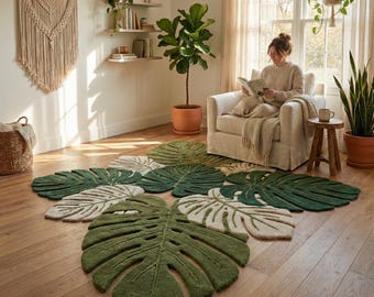 Monstera Leaf Rug, Botanical Tufted Carpet, Tropical Home Decor