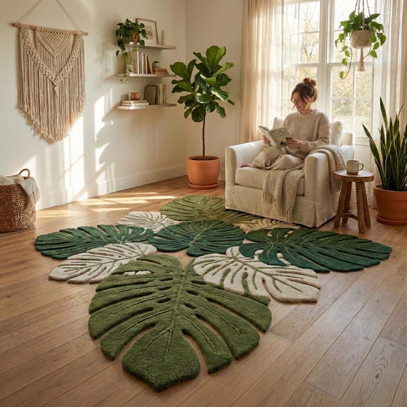 Monstera Blatt Teppich, Botanischer Tufting Teppich, Tropisches Wohndekor