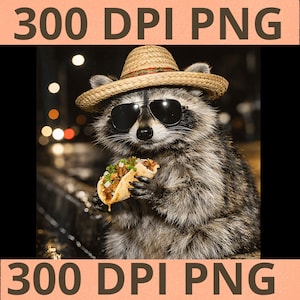 Puede incluir: Un mapache con gafas de sol y un sombrero de paja, sosteniendo un taco. El mapache está en un entorno urbano, con luces borrosas en el fondo. La imagen tiene el texto "300 DPI PNG" en la parte superior e inferior.