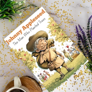May include: A children's book titled "Johnny Appleseed The Man Who Planted Trees" features an illustration of a smiling man in a hat and carrying a sack. The cover art includes apple trees and a group of people. The book is set against a background of flowers and gold confetti.