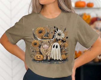 Highland Cow Ghost met bloemen, png: boho-halloweenshirtontwerp