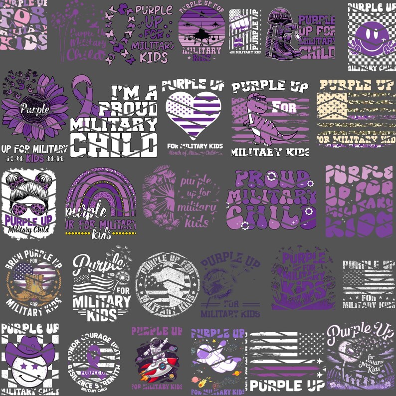 Puede incluir: Una colecci&oacute;n de dise&ntilde;os gr&aacute;ficos morados con texto, incluyendo frases como "Purple Up for Military Kids", e ilustraciones de un dinosaurio, un coraz&oacute;n con una bandera americana y un girasol. Los dise&ntilde;os est&aacute;n sobre un fondo gris oscuro.