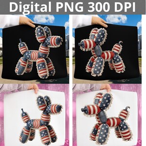 May include: A red, white, and blue balloon dog design. The dog is made to look like it is made of balloons. The text "Digital PNG 300 DPI" is at the top of the image.