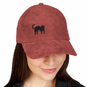 Black Cat Embroidered Corduroy Vintage Hat, Cute Adjustable Vintage Cap for Dad for Cat Moms and Animal Lovers Birthday gift for her