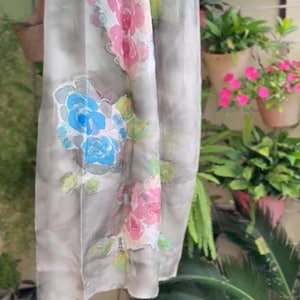 Hand-Painted Silk Dupatta – Ivory Floral Organza Shawl, Bridal Wedding Wrap