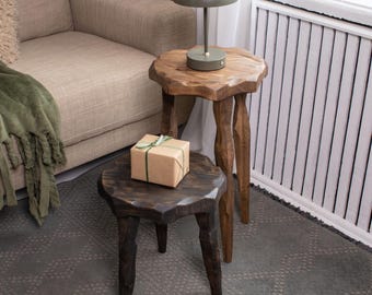 Rustic wood stool, handmade step platform, round pedestal stand