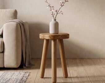 Soporte de madera para plantas, mesa trípode con borde natural, taburete decorativo, decoración rústica para el hogar.