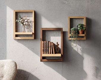 Soporte de pared para plantas, estante flotante de madera, expositor de suculentas, decoración de pared de roble, detalle decorativo personalizado para el hogar.