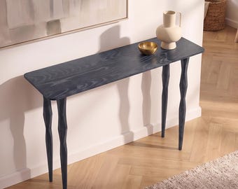 Mesa consola artesanal de madera natural, mesa auxiliar estrecha de cuatro patas para recibidor, muebles de estilo moderno de mediados de siglo.