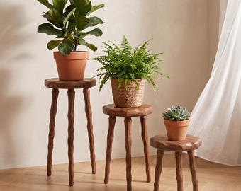 Soporte para plantas de madera maciza hecho a mano - Pedestal trípode minimalista - Diseño esculpido natural