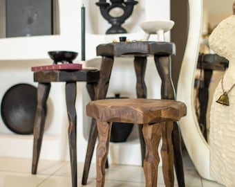 Handmade wood stool, tripod accent platform, rustic mid century decor