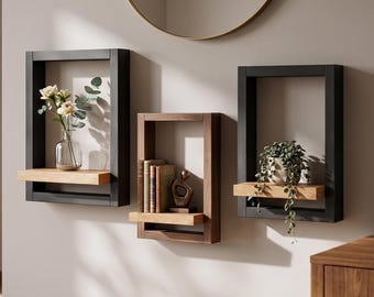 Soporte de pared para plantas, estante para suculentas con marco de madera, expositor de flores, almacenamiento decorativo de estilo moderno de mediados de siglo.