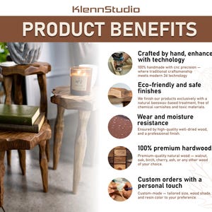 May include: Wooden side tables with a natural finish, holding a candle and books. The image also features text that reads "PRODUCT BENEFITS" and highlights features like "Crafted by hand, enhanced with technology."
