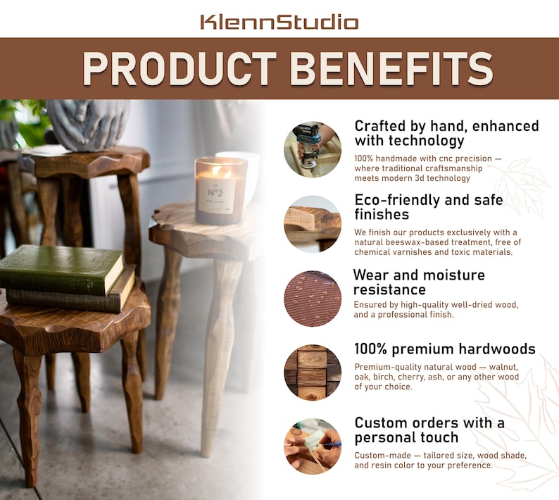 May include: Wooden side tables with a natural finish, holding a candle and books. The image also features text that reads "PRODUCT BENEFITS" and highlights features like "Crafted by hand, enhanced with technology."