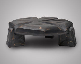 Handmade Black Wooden Sculptural Plant Stand, Organic Cherry Wood Accent