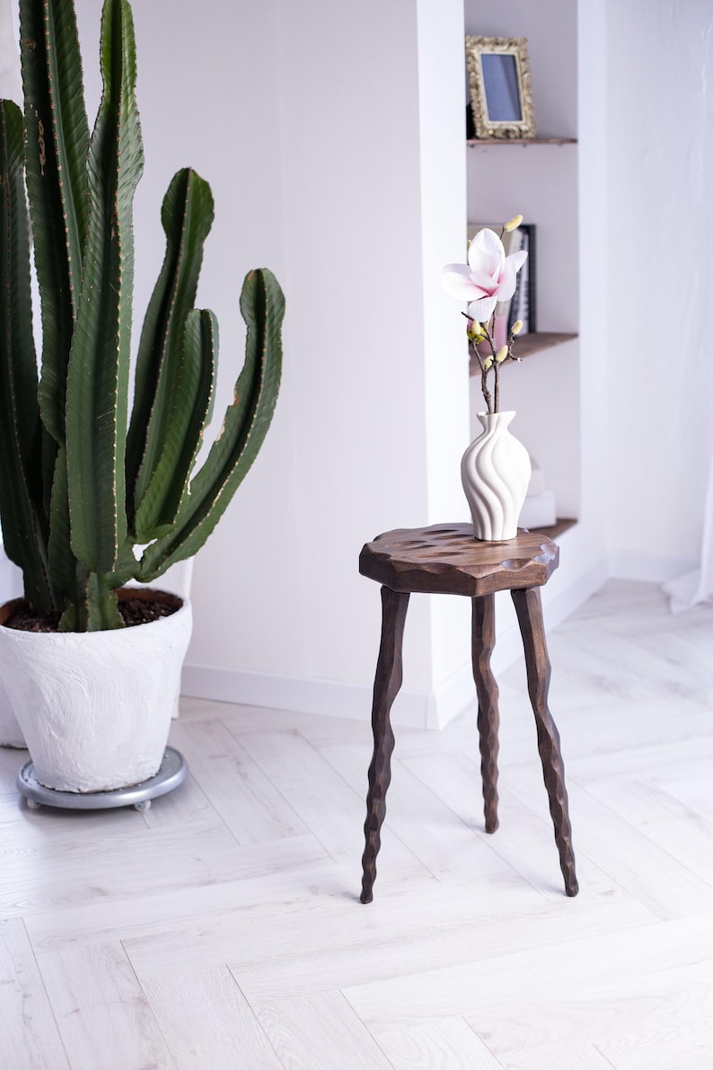 Plant Riser Stand, Cherry Wood Display Pedestal, Tripod Plant Stand