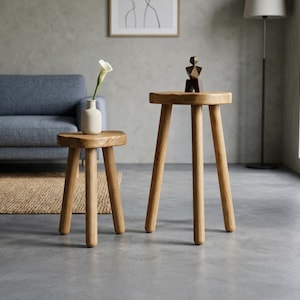Puede incluir: Dos taburetes de madera clara con tres patas redondeadas cada uno. El taburete más bajo sostiene un pequeño jarrón beige con una flor blanca. El taburete más alto presenta una pequeña escultura geométrica de madera marrón oscuro.