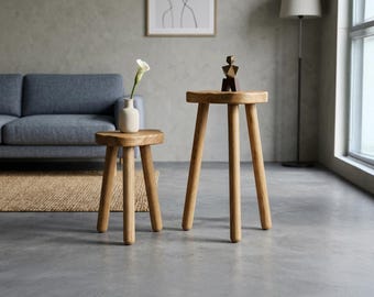 Silla trípode de madera con borde natural, soporte para plantas de interior, mueble artesanal, regalo de inauguración de casa de estilo moderno de mediados de siglo