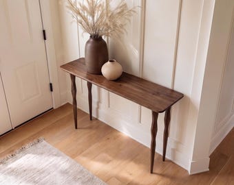 Mesa consola de madera de roble de 4 patas, almacenamiento para sofá estrecho, muebles de pasillo estrechos hechos a mano en madera