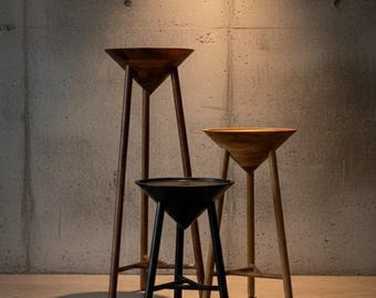 Rustic Wood Pedestal Plant Stand, Solid Wood Side Table, Mid-Century Modern