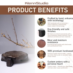 Puede incluir: Un expositor de madera marr&oacute;n oscuro con una forma &uacute;nica y org&aacute;nica. La imagen tambi&eacute;n presenta una rama con peque&ntilde;as ramitas y el texto "PRODUCT BENEFITS" y "KlennStudio". El expositor est&aacute; hecho de maderas duras de primera calidad.