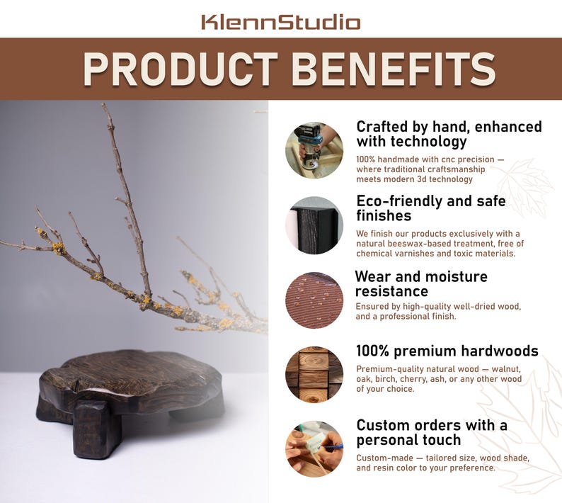 Puede incluir: Un expositor de madera marr&oacute;n oscuro con una forma &uacute;nica y org&aacute;nica. La imagen tambi&eacute;n presenta una rama con peque&ntilde;as ramitas y el texto "PRODUCT BENEFITS" y "KlennStudio". El expositor est&aacute; hecho de maderas duras de primera calidad.