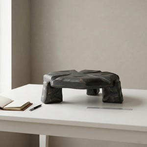 Può includere: Un supporto per piante in legno intagliato marrone scuro con un design unico a forma di foglia. Il supporto ha quattro gambe robuste e una superficie strutturata. Il supporto è largo circa 30 cm e alto 20 cm.