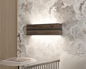 Aplique de pared de madera de roble oscuro, lámpara de noche LED rústica