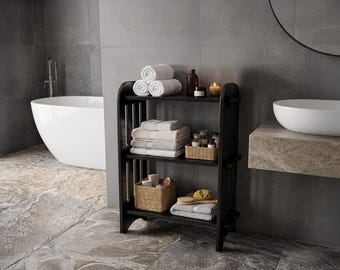 Estantería de madera para baño, estante de almacenamiento independiente, organizador de toallas, decoración de madera de roble, estantería minimalista, almacenamiento personalizado para el hogar