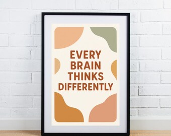 Op de afbeelding: Ingelijste kunstdruk met de tekst "EVERY BRAIN THINKS DIFFERENTLY" in bruin. De print toont abstracte vormen in perzik, oranje en groen tegen een crèmekleurige achtergrond. Het kunstwerk is ingekaderd in een zwart frame.
