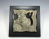 Hummingbird Tile, Framed tile, Tile trivet, Bird Tile, Wine Coaster, Trivet Wall Piece, Wine Coaster, Sgraffito Tile