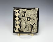 4" Tile, Joy, Sgraffito Tile, Black and White