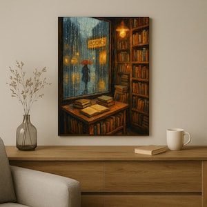 Rainy Bookstore Wall Art – Cozy Window Scene with Books and Umbrella – Impressionist Rainy Night Painting – Digital Download Printable