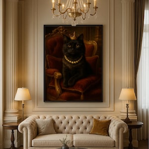 Regal Black Cat Wall Art – Royal Feline Portrait in Crown & Pearls – Baroque Style Digital Painting – Noble Cat Printable