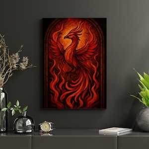 Phoenix Stained Glass Wall Art, Mythical Fire Bird Digital Print, Fiery Red Orange Home Decor, Fantasy Flame Poster, Instant Download