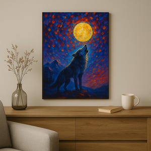 Howling Wolf Moon Wall Art - Impressionist Night Forest Print - Mystical Wolf Howl Painting - Digital Animal Art - Boho Nature Decor