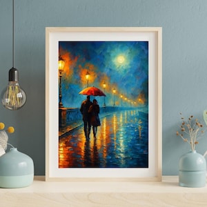 Rainy Bridge Couple Wall Art – Romantic Rain Night Scene with Red Umbrella – Impressionist Digital Print – Cozy Home Decor