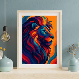Colorful Lion Wall Art, Vibrant Digital Painting Printable, Abstract Animal Decor, Modern Bold Artwork
