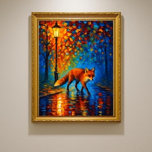 Fox Under Lamplight Print: Colorful Autumn Forest Oil Painting Style (Digital Download