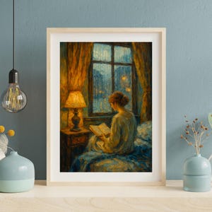 Woman Reading by Rainy Window – Cozy Impressionist Wall Art – Romantic Rainy Night Bedroom Print – Digital Download Printable