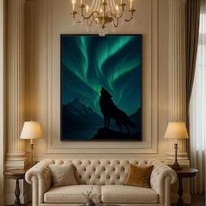 Lobo uivando sob a aurora boreal: impressão Wilderness Night (download digital)