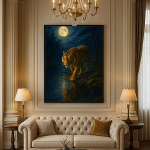 Moonlit Tiger Print: Spiritual Animal Art, Dark Forest Night (Digital Download)