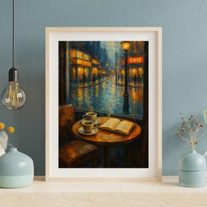 Rainy Cafe Window Art – Cozy Coffee and Book Scene with Street View – Impressionist Digital Wall Print – Home Decor Download