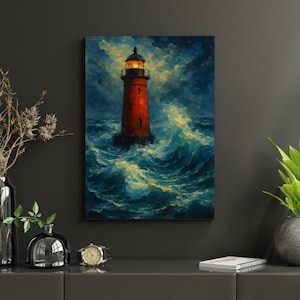 Red Lighthouse Printable Wall Art, Nautical Oil Painting Download, Coastal Home Decor, Stormy Sea Digital Art, Vintage Maritime Print