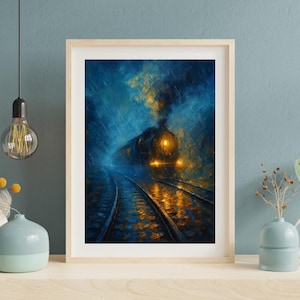 Rainy Night Steam Train Print: Moody Impressionist Railway Art (PDF Download)
