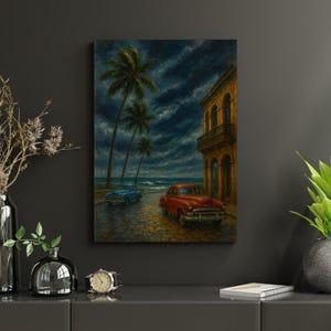 Stormy Havana Street Art Print - Vintage Cuban Cars and Palm Trees - Coastal Retro Wall Decor - Tropical Printable Artwork