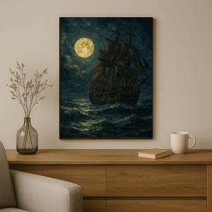 Moonlit Pirate Ship Wall Art - Dramatic Nautical Digital Print - Dark Sea Painting - A2 High Resolution 300 DPI PDF Download