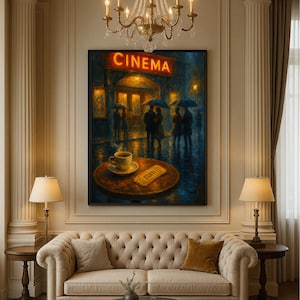 Rainy Night Cinema Painting, Romantic Coffee Table Wall Art, Vintage Impressionist City Scene Printable, Cozy Digital Download