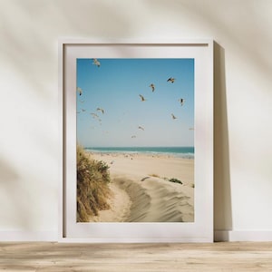 Sabbia, gabbiani e onde sulla spiaggia di Caparica, opera d'arte murale / Lisbona, Portogallo / Fotografia su pellicola da 35 mm, poster su carta semilucida