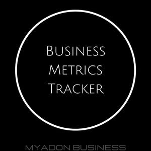May include: A black background with a white circular outline. Inside the circle, the words "BUSINESS METRICS TRACKER" are displayed in white. Below the circle, the text "MYADON BUSINESS PERFORMANCE" is written in grey.